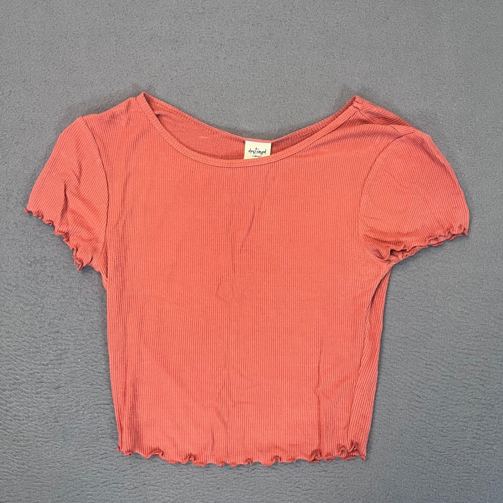 Destined Ribbed Knit Lettuce Edge Crop Top Terracotta Red XS Short Sleeve Tee